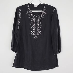 Ninety Sequined 100% Silk Black Tunic Round Neckline  Long Sleeves Size Small